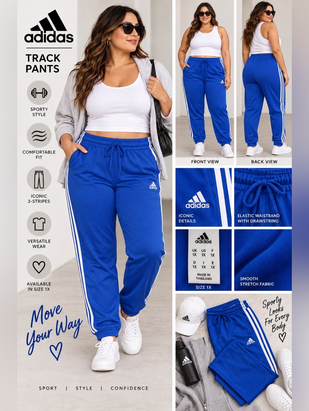 adidas Royal Blue Track Pants White Side Stripes W 3S TP TRIC New 1X